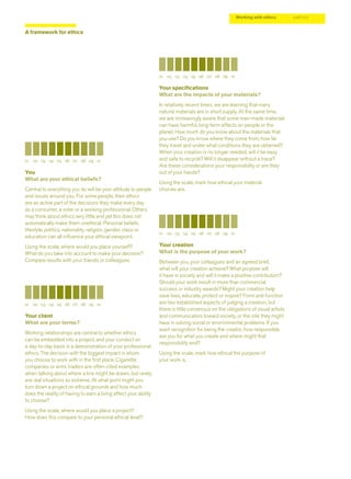 01 02 03 04 05 06 07 08 09 10
01 02 03 04 05 06 07 08 09 10
01 02 03 04 05 06 07 08 09 10
01 02 03 04 05 06 07 08 09 10
You
What are your ethical beliefs?
Central to everything you do will be your attitude to people
and issues around you. For some people, their ethics
are an active part of the decisions they make every day
as a consumer, a voter or a working professional. Others
may think about ethics very little and yet this does not
automatically make them unethical. Personal beliefs,
lifestyle, politics, nationality, religion, gender, class or
education can all inﬂuence your ethical viewpoint.
Using the scale, where would you place yourself?
What do you take into account to make your decision?
Compare results with your friends or colleagues.
Your client
What are your terms?
Working relationships are central to whether ethics
can be embedded into a project, and your conduct on
a day-to-day basis is a demonstration of your professional
ethics. The decision with the biggest impact is whom
you choose to work with in the ﬁrst place. Cigarette
companies or arms traders are often-cited examples
when talking about where a line might be drawn, but rarely
are real situations so extreme. At what point might you
turn down a project on ethical grounds and how much
does the reality of having to earn a living affect your ability
to choose?
Using the scale, where would you place a project?
How does this compare to your personal ethical level?
Your speciﬁcations
What are the impacts of your materials?
In relatively recent times, we are learning that many
natural materials are in short supply. At the same time,
we are increasingly aware that some man-made materials
can have harmful, long-term effects on people or the
planet. How much do you know about the materials that
you use? Do you know where they come from, how far
they travel and under what conditions they are obtained?
When your creation is no longer needed, will it be easy
and safe to recycle? Will it disappear without a trace?
Are these considerations your responsibility or are they
out of your hands?
Using the scale, mark how ethical your material
choices are.
Your creation
What is the purpose of your work?
Between you, your colleagues and an agreed brief,
what will your creation achieve? What purpose will
it have in society and will it make a positive contribution?
Should your work result in more than commercial
success or industry awards? Might your creation help
save lives, educate, protect or inspire? Form and function
are two established aspects of judging a creation, but
there is little consensus on the obligations of visual artists
and communicators toward society, or the role they might
have in solving social or environmental problems. If you
want recognition for being the creator, how responsible
are you for what you create and where might that
responsibility end?
Using the scale, mark how ethical the purpose of
your work is.
A framework for ethics
Working with ethics 206/207
 