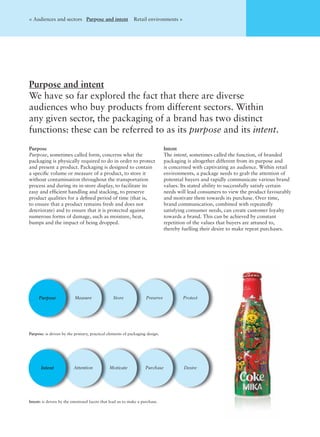 Purpose
Purpose, sometimes called form, concerns what the
packaging is physically required to do in order to protect
and present a product. Packaging is designed to contain
a speciﬁc volume or measure of a product, to store it
without contamination throughout the transportation
process and during its in-store display, to facilitate its
easy and efﬁcient handling and stacking, to preserve
product qualities for a deﬁned period of time (that is,
to ensure that a product remains fresh and does not
deteriorate) and to ensure that it is protected against
numerous forms of damage, such as moisture, heat,
bumps and the impact of being dropped.
Intent
The intent, sometimes called the function, of branded
packaging is altogether different from its purpose and
is concerned with captivating an audience. Within retail
environments, a package needs to grab the attention of
potential buyers and rapidly communicate various brand
values. Its stated ability to successfully satisfy certain
needs will lead consumers to view the product favourably
and motivate them towards its purchase. Over time,
brand communication, combined with repeatedly
satisfying consumer needs, can create customer loyalty
towards a brand. This can be achieved by constant
repetition of the values that buyers are attuned to,
thereby fuelling their desire to make repeat purchases.
Purpose and intent
We have so far explored the fact that there are diverse
audiences who buy products from different sectors. Within
any given sector, the packaging of a brand has two distinct
functions: these can be referred to as its purpose and its intent.
< Audiences and sectors Purpose and intent Retail environments >
Purpose: is driven by the primary, practical elements of packaging design.
Intent: is driven by the emotional facets that lead us to make a purchase.
Purpose Measure Store Preserve Protect
Attention Motivate Purchase DesireIntent
 