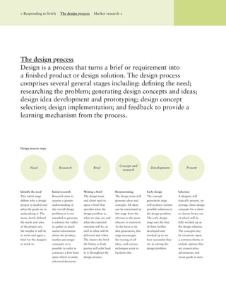 The design process
Design is a process that turns a brief or requirement into
a ﬁnished product or design solution. The design process
comprises several general stages including: deﬁning the need;
researching the problem; generating design concepts and ideas;
design idea development and prototyping; design concept
selection; design implementation; and feedback to provide a
learning mechanism from the process.
< Responding to briefs The design process Market research >
Need Research Brief
Concept and
research
Development Present
Identify the need
This initial stage
deﬁnes why a design
project is needed and
what the goals are in
undertaking it. The
more clearly deﬁned
the needs and aims
of the project are,
the simpler it will be
to write and agree a
brief for the designer
to work to.
Design process steps
Initial research
Research aims to
acquire a greater
understanding of
the overall design
problem; it is not
intended to generate
a solution but rather
to gather as much
useful information
about the product,
market and target
consumer as is
possible in order to
construct a ﬁrm basis
upon which to make
informed decisions.
Writing a brief
The design team
and client need to
agree a brief that
speciﬁes what the
design problem is,
what its aims are and
what the expected
outcome will be, as
well as what will be
delivered and when.
The clearer the brief
the better, as both
parties will refer back
to it throughout the
design process.
Brainstorming
The design team will
generate ideas and
concepts. All ideas
can be entertained at
this stage from the
obvious to the more
obscure or extrovert.
As the focus is on
idea generation, this
stage encourages
the voicing of all
ideas, and various
techniques exist to
facilitate this.
Early design
The concept
generation stage
will produce various
possible solutions to
the design problem.
The early design
stage sees the best
of these further
developed and
worked up to see
how successful they
are at solving the
design problem.
Selection
A designer will
typically present, on
average, three design
concepts for a client
to choose from; one
of which will be
fully worked up as
the design solution.
The concepts may
be variations upon
a common theme or
include options that
are conservative,
adventurous and
avant garde in turn.
 