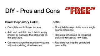 DIY - Pros and Cons
Direct Repository Links:
• Complete control over access.
• Add and maintain each link in every
project or package that depends on
this package.
• Cannot change the repository source
without updating all references.
Satis:
• Consolidates repo links into a single
source reference.
• Requires scheduled or triggered
builds to recognize new tags.
• Requires hosting the generated
source
fi
le.
“FREE”
 