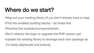 Where do we start?
•Map out your existing library (if you don’t already have a map)
•Find the smallest building blocks - do those
fi
rst
•Prioritize the modules/components/etc.
•Don’t refactor the logic or upgrade the PHP version yet!
•Update the existing library to leverage each new package as
it’s ready (deprecate and extend).
 