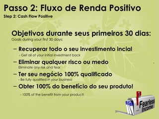Objetivos durante seus primeiros 30 dias:   Goals during your first 30 days: Recuperar todo o seu investimento incial   - Get all of your initial investment back Eliminar qualquer risco ou medo   - Eliminate any risk and fear Ter seu negócio 100% qualificado   - Be fully qualified in your business Obter 100% do benefício do seu produto!   - 100% of the benefit from your product! Passo 2: Fluxo de Renda Positivo  Step 2: Cash Flow Positive 