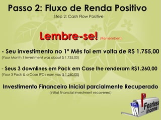 Lembre-se!   (Remember!) - Seu investimento no 1º Mês foi em volta de R$ 1.755,00 (Your Month 1 investment was about $ 1.755,00) -  Seus 3 downlines em Pack em Case lhe renderam R$1.260,00   (Your 3 Pack & a Case IPCs earn you  $ 1.260,00) Investimento Financeiro Inicial parcialmente Recuperado (Initial financial investment recovered) Passo 2: Fluxo de Renda Positivo   Step 2: Cash Flow Positive 
