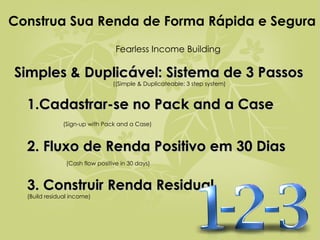 Simples & Duplicável: Sistema de 3 Passos   ((Simple & Duplicateable: 3 step system) 1.Cadastrar-se no Pack and a Case  (Sign-up with Pack and a Case) 2. Fluxo de Renda Positivo em 30 Dias   (Cash flow positive in 30 days) 3. Construir Renda Residual     (Build residual income) Construa Sua Renda de Forma Rápida e Segura   Fearless Income Building 