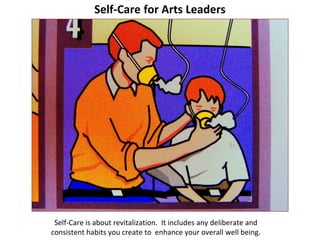 Self-Care for Arts Leaders
Self-Care is about revitalization. It includes any deliberate and
consistent habits you create to enhance your overall well being.
 