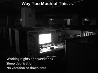 Way Too Much of This ….
Working nights and weekends
Sleep deprivation
No vacation or down time
 