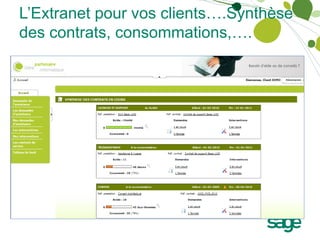 L’Extranet pour vos clients….Synthèse
des contrats, consommations,….
 