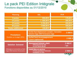 Le pack PEI Edition Intégrale
Fonctions disponibles au 01/12/2010

          Planning                            DEL                          DUA
         4 postes                                     850,00 €                   170,00 €
                                                                                  3000 €
        10 postes                                  1 600,00 €                    300,00 €
        15 postes                                   2 250,00 €                   450,00 €
        20 postes                                   2 800,00 €                   560,00 €
    Postes additionnel                                130,00 €                    24,00 €
                                 Forfait Pack Déploiement complet + formation
                                                                                  3 000 €
                                 Solution Sage CRM Partenaires Sage
       Prestations
 Possible sur budget OPCA        Forfait Pack Accompagnement
                                                                                  2 000 €
                                 2 jours (optionnel)
                                 Abonnement Extranet client:                     2 000 €
   Solution Extranet                  •Hébergement du site
                                                                                 / an
                                      •Accès clients illimité

 Hébergée et connectée au Pack   Forfait Mise en service:
 Sage CRM Solution Partenaires        •Charte graphique Partenaire               2 500 €
                                      •Installation et tests
 