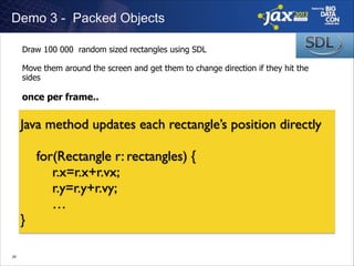 Demo 3 - Packed Objects
Draw 100 000 random sized rectangles using SDL
!
Move them around the screen and get them to change direction if they hit the
sides
!

once per frame..

Java method updates each rectangle’s position directly	

!

	

	

	

	

}
!29

for(Rectangle r: rectangles) {	

	

 r.x=r.x+r.vx; 	

	

 r.y=r.y+r.vy;	

	

 …	


 