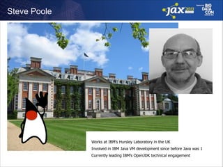 Steve Poole

!
Works at IBM’s Hursley Laboratory in the UK
Involved in IBM Java VM development since before Java was 1
Currently leading IBM’s OpenJDK technical engagement

 