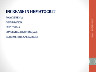 INCREASEIN HEMATOCRIT
POLYCYTHEMIA
DEHYDRATION
EMPHYSEMA
CONGENITALHEARTDISEASE
EXTREMEPHYSICALEXERCISE
3/OCTOBER
/2017
G.VANI
37
 