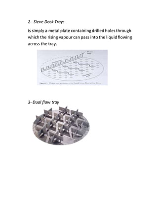 2- Sieve Deck Tray:
is simply a metal plate containingdrilled holes through
which the rising vapour can pass into the liquidflowing
across the tray.
3- Dual flow tray
 