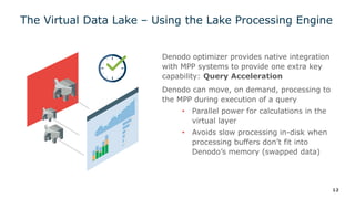 Denodo optimizer provides native integration
with MPP systems to provide one extra key
capability: Query Acceleration
Denodo can move, on demand, processing to
the MPP during execution of a query
• Parallel power for calculations in the
virtual layer
• Avoids slow processing in-disk when
processing buffers don’t fit into
Denodo’s memory (swapped data)
The Virtual Data Lake – Using the Lake Processing Engine
12
 