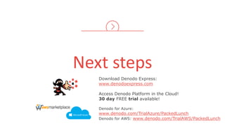 Next steps
Download Denodo Express:
www.denodoexpress.com
Access Denodo Platform in the Cloud!
30 day FREE trial available!
Denodo for Azure:
www.denodo.com/TrialAzure/PackedLunch
Denodo for AWS: www.denodo.com/TrialAWS/PackedLunch
 