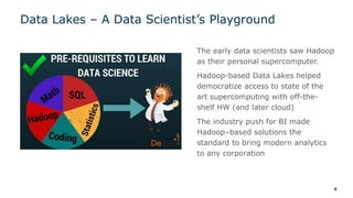 The early data scientists saw Hadoop
as their personal supercomputer.
Hadoop-based Data Lakes helped
democratize access to state of the
art supercomputing with off-the-
shelf HW (and later cloud)
The industry push for BI made
Hadoop–based solutions the
standard to bring modern analytics
to any corporation
Data Lakes – A Data Scientist’s Playground
4
 