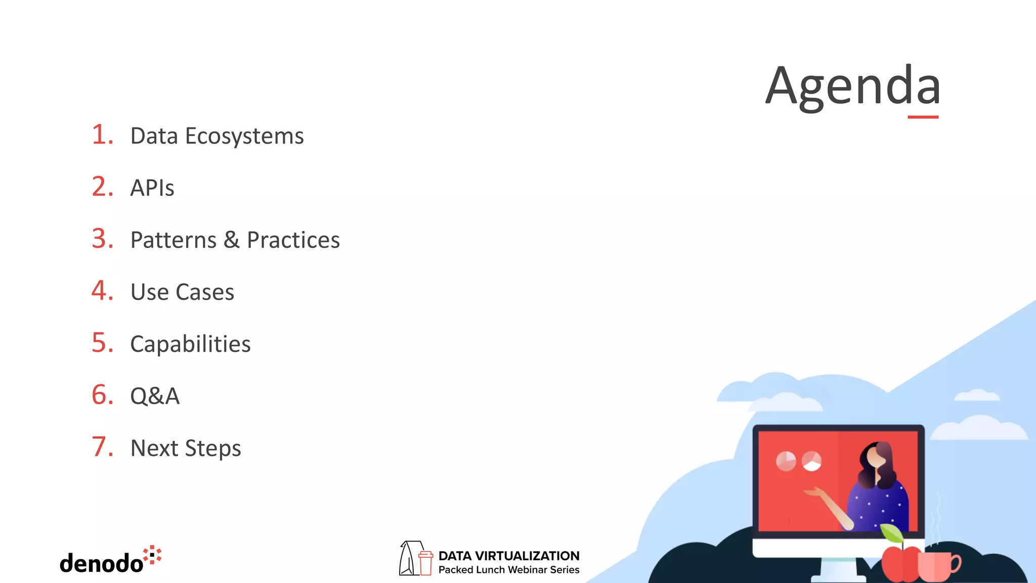 Agenda
1. Data Ecosystems
2. APIs
3. Patterns & Practices
4. Use Cases
5. Capabilities
6. Q&A
7. Next Steps
 