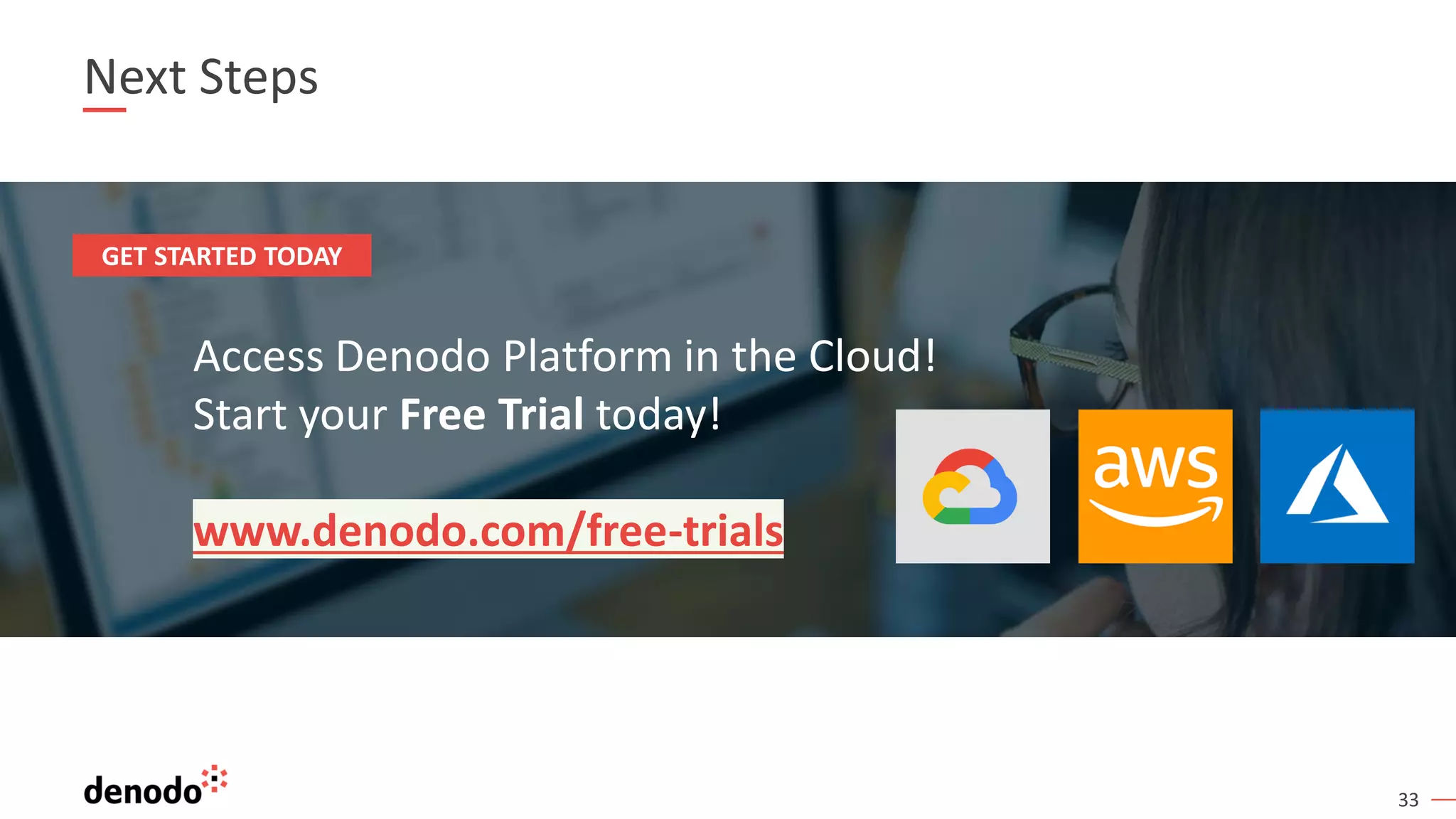 33
Next Steps
Access Denodo Platform in the Cloud!
Start your Free Trial today!
www.denodo.com/free-trials
GET STARTED TODAY
 