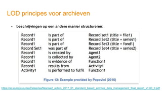 LOD principes voor archieven
- beschrijvingen op een andere manier structureren:
https://ec.europa.eu/isa2/sites/isa/files/isa2_action_2017_01_standard_based_archival_data_management_final_report_v1.00_0.pdf
 