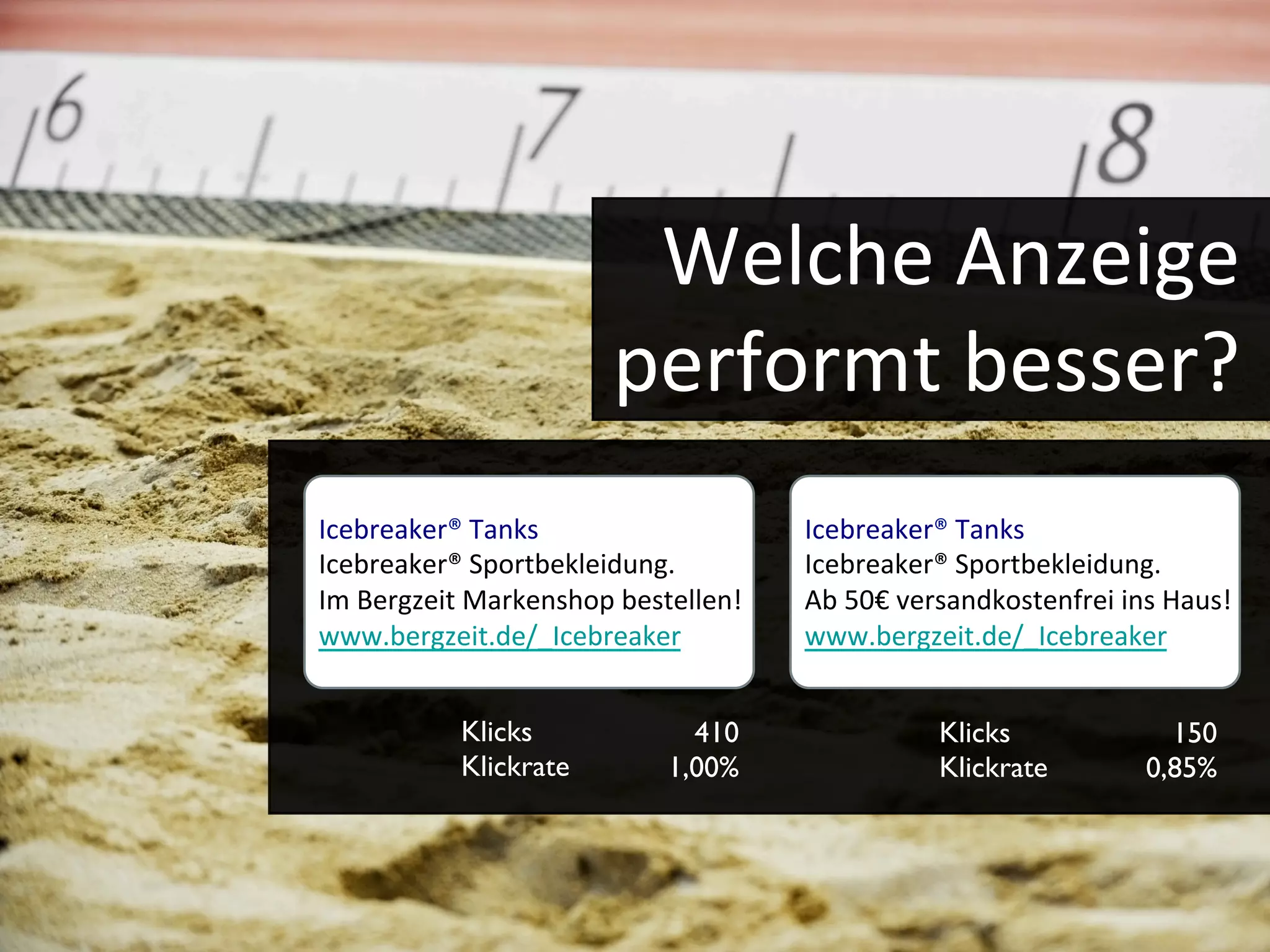 Welche	
  Anzeige	
  	
  
performt	
  besser?	
  
	
  Icebreaker®	
  Tanks	
  
Icebreaker®	
  Sportbekleidung.	
  
Im	
  Bergzeit	
  Markenshop	
  bestellen!	
  
www.bergzeit.de/_Icebreaker	
  
Icebreaker®	
  Tanks	
  
Icebreaker®	
  Sportbekleidung.	
  
Ab	
  50€	
  versandkostenfrei	
  ins	
  Haus!	
  
www.bergzeit.de/_Icebreaker	
  
410
1,00%
150
0,85%
Klicks
Klickrate
Klicks
Klickrate
 