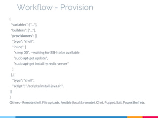 {
"variables": ["..."],
"builders": ["..."],
"provisioners": [{
"type": "shell",
"inline": [
"sleep 30", --waiting for SSH to be available
"sudo apt-get update",
"sudo apt-get install -y redis-server"
]
}, {
"type": "shell",
"script": "./scripts/install-java.sh",
}]
}
Others - Remote shell, File uploads, Ansible (local & remote), Chef, Puppet, Salt, PowerShell etc.
Workflow - Provision
 