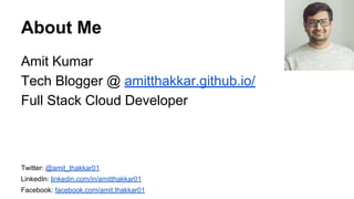 About Me
Amit Kumar
Tech Blogger @ amitthakkar.github.io/
Full Stack Cloud Developer
Twitter: @amit_thakkar01
LinkedIn: linkedin.com/in/amitthakkar01
Facebook: facebook.com/amit.thakkar01
 