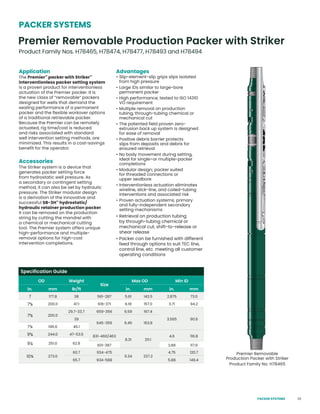 33
Application
The Premier™
packer with Striker™
interventionless packer setting system
is a proven product for interventionless
actuation of the Premier packer. It is
the new class of “removable” packers
designed for wells that demand the
sealing performance of a permanent
packer and the flexible workover options
of a traditional retrievable packer.
Because the Premier can be remotely
actuated, rig time/cost is reduced
and risks associated with standard
well intervention setting methods, are
minimized. This results in a cost-savings
benefit for the operator.
Accessories
The Striker system is a device that
generates packer setting force
from hydrostatic well pressure. As
a secondary or contingent setting
method, it can also be set by hydraulic
pressure. The Striker modular design
is a derivation of the innovative and
successful SB-3H™
hydrostatic/
hydraulic retainer production packer.
It can be removed on the production
string by cutting the mandrel with
a chemical or mechanical cutting
tool. The Premier system offers unique
high-performance and multiple-
removal options for high-cost
intervention completions.
Advantages
• Slip-element-slip grips slips isolated
from high pressure
• Large IDs similar to large-bore
permanent packer
• High performance, tested to ISO 14310
VO requirement
• Multiple removal on production
tubing, through-tubing chemical or
mechanical cut
• The patented field proven zero-
extrusion back up system is designed
for ease of removal
• Positive debris barrier protects
slips from deposits and debris for
ensured retrieval
• No body movement during setting,
ideal for single–or multiple-packer
completions
• Modular design; packer suited
for threaded connections or
upper sealbore
• Interventionless actuation eliminates
wireline, slick-line, and coiled-tubing
interventions and associated risk
• Proven actuation systems; primary
and fully-independent secondary
setting mechanisms
• Retrieval on production tubing
by through-tubing chemical or
mechanical cut, shift-to-release or
shear release
• Packer can be furnished with different
feed through options to suit TEC line,
control line, etc. meeting all customer
operating conditions
Premier Removable
Production Packer with Striker
Product Family No. H78465
Premier Removable Production Packer with Striker
Product Family Nos. H78465, H78474, H78477, H78493 and H78494
PACKER SYSTEMS
Specification Guide
OD Weight
Size
Max OD Min ID
in. mm lb/ft in. mm in. mm
7 177.8 38 561-287 5.61 142.5 2.875 73.0
75
/8 200.0 47.1 618-371 6.18 157.0 3.71 94.2
75
/8 200.0
29.7-33.7 659-356 6.59 167.4
3.565 90.6
39
645-356 6.45 163.8
7¾ 196.6 46.1
95
/8 244.0 47-53.5
831-460/463
8.31 211.1
4.6 116.8
97
/8 251.0 62.8
831-387 3.88 117.6
10¾ 273.0
60.7 934-475
9.34 237.2
4.75 120.7
65.7 934-588 5.88 149.4
PACKER SYSTEMS
 
