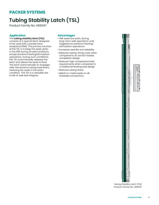 61
Application
The tubing stability latch (TSL)
consists of a special latch designed
to be used with a packer bore
receptical (PBR). The primary function
of the TSL is to keep the seals static
in the PBR during all well conditions,
except extreme treating/stimulation
operations. During such conditions,
the TSL automatically releases the
latch and allows the seals to float.
The latch automatically re-engages
after the extreme tubing load event,
retaining the seals in the static
condition. The TSL is a valuable aid
to life of well seal integrity.
Advantages
• PBR seals are static during
long-term well operations until
triggered by extreme treating/
stimulation operations
• Increases seal life and reliability
• Reduces tubing-string costs when
compared to an anchor-based
completion design
• Reduces high compressive load
requirements when compared to
a traditional floating seal design
• Reduces tubing stress
• Metal-to-metal seals on all
threaded connections
Tubing Stability Latch (TSL)
Product Family No. H68347
Tubing Stability Latch (TSL)
Product Family No. H68347
PACKER SYSTEMS
PACKER SYSTEMS
 