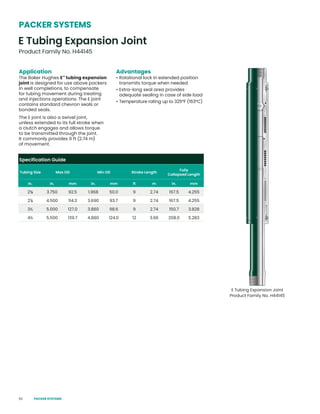 62
Application
The Baker Hughes E™
tubing expansion
joint is designed for use above packers
in well completions, to compensate
for tubing movement during treating
and injections operations. The E joint
contains standard chevron seals or
bonded seals.
The E joint is also a swivel joint,
unless extended to its full stroke when
a clutch engages and allows torque
to be transmitted through the joint.
It commonly provides 9 ft (2.74 m)
of movement.
Advantages
• Rotational lock in extended position
transmits torque when needed
• Extra-long seal area provides
adequate sealing in case of side load
• Temperature rating up to 325°F (163°C)
E Tubing Expansion Joint
Product Family No. H44145
E Tubing Expansion Joint
Product Family No. H44145
PACKER SYSTEMS
Specification Guide
Tubing Size Max OD Min OD Stroke Length
Fully
Collapsed Length
in. in. mm in. mm ft m in. mm
23
/8 3.750 92.5 1.968 50.0 9 2.74 167.5 4.255
27
/8 4.500 114.3 3.690 93.7 9 2.74 167.5 4.255
3½ 5.000 127.0 3.880 98.6 9 2.74 150.7 3.828
4½ 5.500 139.7 4.880 124.0 12 3.66 208.0 5.283
PACKER SYSTEMS
 