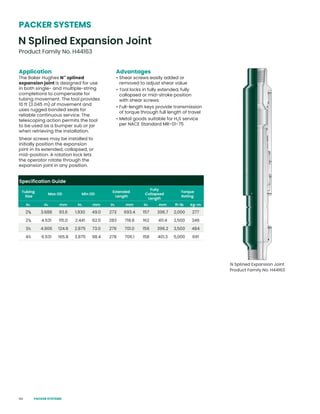 64
Application
The Baker Hughes N™
splined
expansion joint is designed for use
in both single- and multiple-string
completions to compensate for
tubing movement. The tool provides
10 ft (3.045 m) of movement and
uses rugged bonded seals for
reliable continuous service. The
telescoping action permits the tool
to be used as a bumper sub or jar
when retrieving the installation.
Shear screws may be installed to
initially position the expansion
joint in its extended, collapsed, or
mid-position. A rotation lock lets
the operator rotate through the
expansion joint in any position.
Advantages
• Shear screws easily added or
removed to adjust shear value
• Tool locks in fully extended, fully
collapsed or mid-stroke position
with shear screws
• Full-length keys provide transmission
of torque through full length of travel
• Metal goods suitable for H2S service
per NACE Standard MR-01-75
N Splined Expansion Joint
Product Family No. H44163
N Splined Expansion Joint
Product Family No. H44163
PACKER SYSTEMS
Specification Guide
Tubing
Size
Max OD Min OD
Extended
Length
Fully
Collapsed
Length
Torque
Rating
in. in. mm in. mm in. mm in. mm ft-lb kg-m
23
/8 3.688 93.6 1.930 49.0 273 693.4 157 396.7 2,000 277
27
/8 4.531 115.0 2.441 62.0 283 718.8 162 411.4 2,500 346
3½ 4.906 124.6 2.875 73.0 276 701.0 156 396.2 3,500 484
4½ 6.531 165.8 3.875 98.4 278 706.1 158 401.3 5,000 691
PACKER SYSTEMS
 