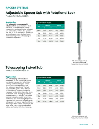 67
Application
The telescoping swivel sub was
developed for use in multiple-string
completions as a union to facilitate
running additional tailpipe below
a dual-string retrievable packer.
The telescoping action of the sub
provides 24 in. (609.6 mm) of travel
to compensate for inaccuracies in
measurement and to relieve the strain
on threads while making up tailpipe
between two dual packers. The swivel
feature makes it possible to connect
both long- and short-string tailpipe to
the lower end of the packer. Even if the
tailpipes are strapped together, it bears
the weight of the tubing hanging in the
slips, while the connection between
tubing and packer is being made up.
Telescoping Swivel Sub
Product Family No. H44125
PACKER SYSTEMS
Adjustable Spacer Sub with Rotational Lock
Product Family No. H44120
Telescoping Swivel Sub
Product Family No. H44120
Adjustable Spacer Sub
with Rotational Lock
Product Family No. H44125
Application
The adjustable spacer sub with
rotational lock is used below a dual
packer to facilitate making tubing
connections and spacing out between
two retrievable packers. The spacer
sub has 24 in. (609.6 mm) of travel and
when adjusted to the desired length,
it is locked to prevent telescoping or
rotational movement.
Specification Guide
Size
Max OD Nom ID
in. mm in. mm
1.900 2.531 64.29 1.563 39.70
21
/16 2.531 64.29 1.656 42.06
23
/8 3.094 78.59 1.969 50.01
27
/8 3.719 94.46 2.375 60.33
3½ 4.281 108.74 3.000 76.20
Specification Guide
Size
Max OD Nom ID
in. mm in. mm
1.315 1.906 48.41 1.000 25.40
1.660 2.250 57.15 1.313 33.35
1.900 2.531 64.29 1.563 39.70
23
/8 3.094 78.59 1.969 50.01
27
/8 3.719 94.46 2.375 60.33
3½ 4.281 108.74 3.000 76.20
4½ 5.281 134.14 3.938 100.03
PACKER SYSTEMS
 
