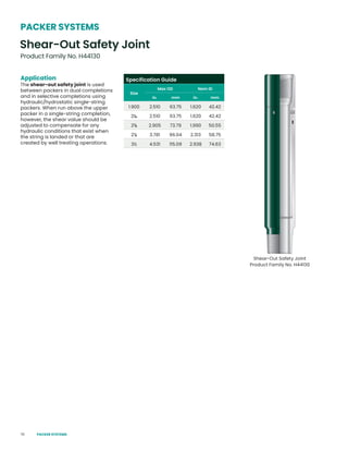 70
Application
The shear-out safety joint is used
between packers in dual completions
and in selective completions using
hydraulic/hydrostatic single-string
packers. When run above the upper
packer in a single-string completion,
however, the shear value should be
adjusted to compensate for any
hydraulic conditions that exist when
the string is landed or that are
created by well treating operations.
Shear-Out Safety Joint
Product Family No. H44130
Shear-Out Safety Joint
Product Family No. H44130
PACKER SYSTEMS
Specification Guide
Size
Max OD Nom ID
in. mm in. mm
1.900 2.510 63.75 1.620 42.42
21
/16 2.510 63.75 1.620 42.42
23
/8 2.905 73.79 1.990 50.55
27
/8 3.781 96.04 2.313 58.75
3½ 4.531 115.09 2.938 74.63
PACKER SYSTEMS
 