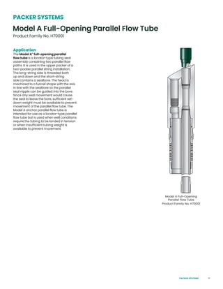 71
Model A Full-Opening
Parallel Flow Tube
Product Family No. H70001
PACKER SYSTEMS
Application
The Model A™
full-opening parallel
flow tube is a locator-type tubing seal
assembly containing two parallel flow
paths. It is used in the upper packer of a
two-packer parallel string installation.
The long-string side is threaded both
up and down and the short-string
side contains a sealbore. The head is
machined to a funnel shape with the axis
in line with the sealbore so the parallel
seal nipple can be guided into the bore.
Since any seal movement would cause
the seal to leave the bore, sufficient set-
down weight must be available to prevent
movement of the parallel flow tube. The
Model A anchor parallel flow tube is
intended for use as a locator-type parallel
flow tube but is used when well conditions
require the tubing to be landed in tension
or when insufficient tubing weight is
available to prevent movement.
Model A Full-Opening Parallel Flow Tube
Product Family No. H70001
PACKER SYSTEMS
 