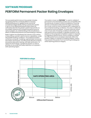 78
SOFTWARE PROGRAMS
PERFORM Permanent Packer Rating Envelopes
PERFORM Envelope
The successful performance of any packer includes
recognizing that the combined effects of varying
differential pressure or applied forces cannot be
considered independently. Rating a production packer
in terms of the differential pressure alone does not
sufficiently describe the packer’s performance limits. To
accurately measure and compare the performance of
various packers, an understanding of the simultaneous
effects of differential pressure and axial loading is required.
Baker Hughes has developed the industry’s first means
of describing a packer’s performance capabilities, under
all possible loading conditions. The analytical system
combines computer modeling, sophisticated numerical
stimulation techniques, including finite element analysis,
exhaustive laboratory testing, and field verification. To
apply this technology, a graphical solution is used to
provide an accurate and useful definition of a packer’s
safe operating region.
The system, known as PERFORM™
, is used to validate if
permanent and retrieveble packers are compatible with
the demands of today’s critical completions. Ensuring
all load combinations fall inside the region formed by
the curves confirms that the equipment is adequate for
the combined loading conditions. This area is called the
“safe performance envelope”. In those instances where
one or more sets of loading conditions fall outside the
safe performance envelope, a detailed evalution of all
aspects of the proposed completion system is required
to upgrade its performance. Some conditions outside
the safe performance envelope adversely affect the
packer’s ability to maintain its sealing integrity. Others
may prevent the packer from functioning as designed,
while retaining pressure integrity.
Applied
Axial
Load
Tension
Above Below
Differential Pressure
SAFE OPERATING AREA
0
0
Set-Down
PACKER SYSTEMS
 