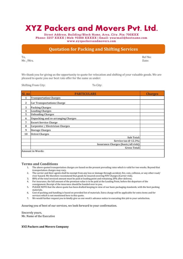 Quotations format for Packers and Movers Companies in India Quotations format for Packers and Movers Companies in India