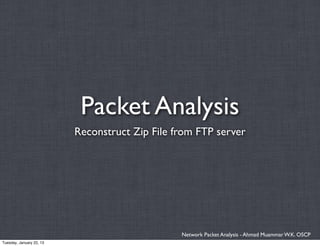 Packet Analysis
                          Reconstruct Zip File from FTP server




                                                Network Packet Analysis - Ahmad Muammar W.K. OSCP
Tuesday, January 22, 13
 