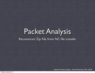 Packet Analysis
                          Reconstruct Zip File from NC ﬁle transfer




                                                   Network Packet Analysis - Ahmad Muammar W.K. OSCP
Tuesday, January 22, 13
 