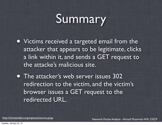 Summary
                • Victims received a targeted email from the
                          attacker that appears to be legitimate, clicks
                          a link within it, and sends a GET request to
                          the attacke’s malicious site.
                • The attacker’s web server issues 302
                          redirection to the victim, and the victim’s
                          browser issues a GET request to the
                          redirected URL.

 http://chrissanders.org/captures/aurora.pcap        Network Packet Analysis - Ahmad Muammar W.K. OSCP
Tuesday, January 22, 13
 