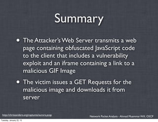 Summary
                • The Attacker’s Web Server transmits a web
                          page containing obfuscated JavaScript code
                          to the client that includes a vulnerability
                          exploit and an iframe containing a link to a
                          malicious GIF Image
                • The victim issues a GET Requests for the
                          malicious image and downloads it from
                          server

 http://chrissanders.org/captures/aurora.pcap        Network Packet Analysis - Ahmad Muammar W.K. OSCP
Tuesday, January 22, 13
 