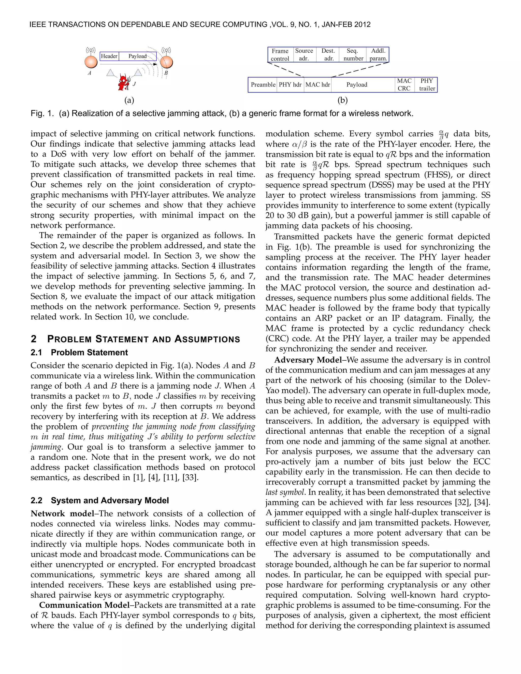 Preamble PHY hdr Payload
PHY
trailer
Frame
control
Source
adr.
Dest.
adr.
Seq.
number
MAC hdr
MAC
CRC
Addl.
param.
(a) (b)
Fig. 1. (a) Realization of a selective jamming attack, (b) a generic frame format for a wireless network.
impact of selective jamming on critical network functions.
Our ﬁndings indicate that selective jamming attacks lead
to a DoS with very low effort on behalf of the jammer.
To mitigate such attacks, we develop three schemes that
prevent classiﬁcation of transmitted packets in real time.
Our schemes rely on the joint consideration of crypto-
graphic mechanisms with PHY-layer attributes. We analyze
the security of our schemes and show that they achieve
strong security properties, with minimal impact on the
network performance.
The remainder of the paper is organized as follows. In
Section 2, we describe the problem addressed, and state the
system and adversarial model. In Section 3, we show the
feasibility of selective jamming attacks. Section 4 illustrates
the impact of selective jamming. In Sections 5, 6, and 7,
we develop methods for preventing selective jamming. In
Section 8, we evaluate the impact of our attack mitigation
methods on the network performance. Section 9, presents
related work. In Section 10, we conclude.
2 PROBLEM STATEMENT AND ASSUMPTIONS
2.1 Problem Statement
Consider the scenario depicted in Fig. 1(a). Nodes A and B
communicate via a wireless link. Within the communication
range of both A and B there is a jamming node J. When A
transmits a packet m to B, node J classiﬁes m by receiving
only the ﬁrst few bytes of m. J then corrupts m beyond
recovery by interfering with its reception at B. We address
the problem of preventing the jamming node from classifying
m in real time, thus mitigating J’s ability to perform selective
jamming. Our goal is to transform a selective jammer to
a random one. Note that in the present work, we do not
address packet classiﬁcation methods based on protocol
semantics, as described in [1], [4], [11], [33].
2.2 System and Adversary Model
Network model–The network consists of a collection of
nodes connected via wireless links. Nodes may commu-
nicate directly if they are within communication range, or
indirectly via multiple hops. Nodes communicate both in
unicast mode and broadcast mode. Communications can be
either unencrypted or encrypted. For encrypted broadcast
communications, symmetric keys are shared among all
intended receivers. These keys are established using pre-
shared pairwise keys or asymmetric cryptography.
Communication Model–Packets are transmitted at a rate
of R bauds. Each PHY-layer symbol corresponds to q bits,
where the value of q is deﬁned by the underlying digital
modulation scheme. Every symbol carries α
β q data bits,
where α/β is the rate of the PHY-layer encoder. Here, the
transmission bit rate is equal to qR bps and the information
bit rate is α
β qR bps. Spread spectrum techniques such
as frequency hopping spread spectrum (FHSS), or direct
sequence spread spectrum (DSSS) may be used at the PHY
layer to protect wireless transmissions from jamming. SS
provides immunity to interference to some extent (typically
20 to 30 dB gain), but a powerful jammer is still capable of
jamming data packets of his choosing.
Transmitted packets have the generic format depicted
in Fig. 1(b). The preamble is used for synchronizing the
sampling process at the receiver. The PHY layer header
contains information regarding the length of the frame,
and the transmission rate. The MAC header determines
the MAC protocol version, the source and destination ad-
dresses, sequence numbers plus some additional ﬁelds. The
MAC header is followed by the frame body that typically
contains an ARP packet or an IP datagram. Finally, the
MAC frame is protected by a cyclic redundancy check
(CRC) code. At the PHY layer, a trailer may be appended
for synchronizing the sender and receiver.
Adversary Model–We assume the adversary is in control
of the communication medium and can jam messages at any
part of the network of his choosing (similar to the Dolev-
Yao model). The adversary can operate in full-duplex mode,
thus being able to receive and transmit simultaneously. This
can be achieved, for example, with the use of multi-radio
transceivers. In addition, the adversary is equipped with
directional antennas that enable the reception of a signal
from one node and jamming of the same signal at another.
For analysis purposes, we assume that the adversary can
pro-actively jam a number of bits just below the ECC
capability early in the transmission. He can then decide to
irrecoverably corrupt a transmitted packet by jamming the
last symbol. In reality, it has been demonstrated that selective
jamming can be achieved with far less resources [32], [34].
A jammer equipped with a single half-duplex transceiver is
sufﬁcient to classify and jam transmitted packets. However,
our model captures a more potent adversary that can be
effective even at high transmission speeds.
The adversary is assumed to be computationally and
storage bounded, although he can be far superior to normal
nodes. In particular, he can be equipped with special pur-
pose hardware for performing cryptanalysis or any other
required computation. Solving well-known hard crypto-
graphic problems is assumed to be time-consuming. For the
purposes of analysis, given a ciphertext, the most efﬁcient
method for deriving the corresponding plaintext is assumed
IEEE TRANSACTIONS ON DEPENDABLE AND SECURE COMPUTING ,VOL. 9, NO. 1, JAN-FEB 2012
 