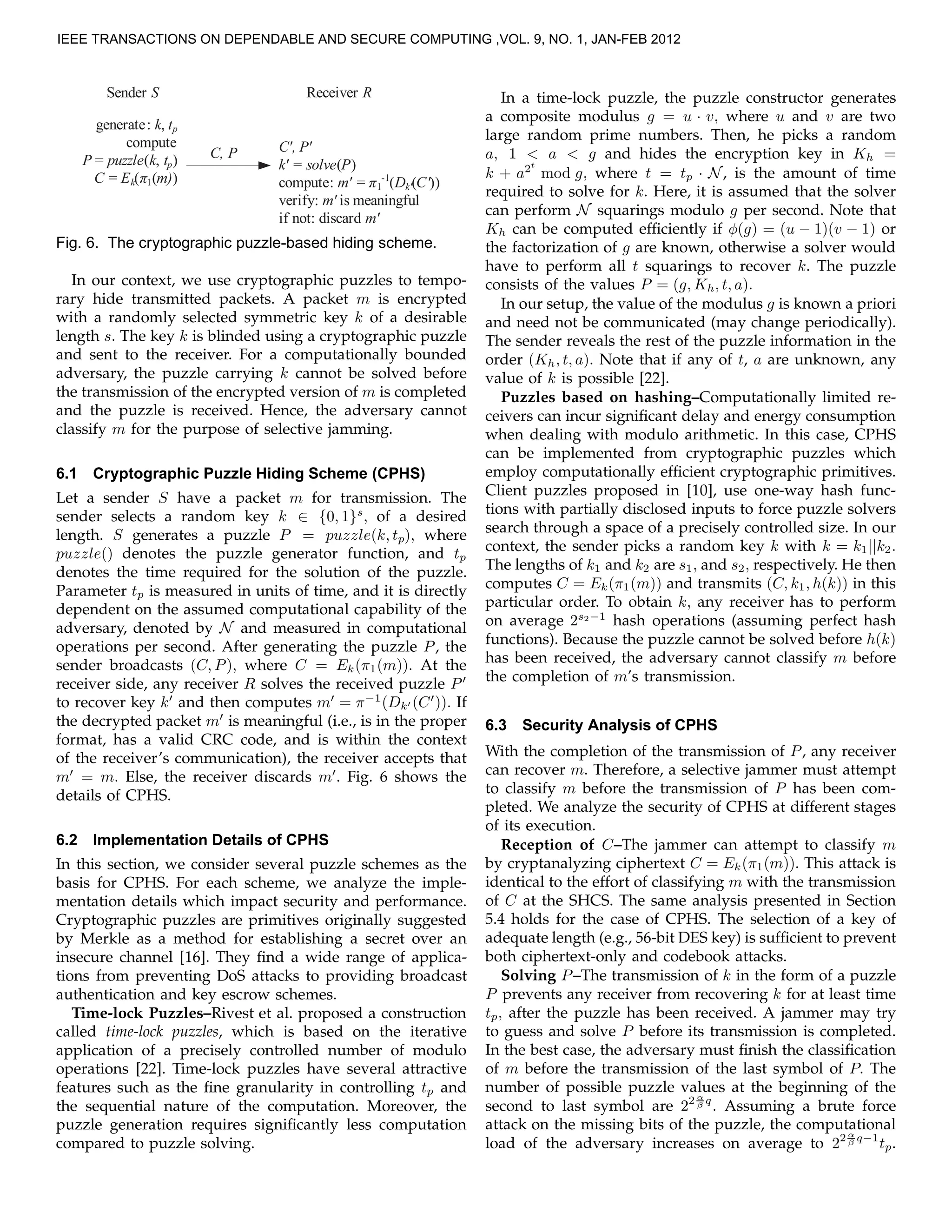 Sender S
generate: k, tp
compute
P = puzzle(k, tp)
C = Ek(π1(m))
Receiver R
C, P C', P'
k' = solve(P)
compute: m' = π1
-1
(Dk'(C'))
verify: m' is meaningful
if not: discard m'
Fig. 6. The cryptographic puzzle-based hiding scheme.
In our context, we use cryptographic puzzles to tempo-
rary hide transmitted packets. A packet m is encrypted
with a randomly selected symmetric key k of a desirable
length s. The key k is blinded using a cryptographic puzzle
and sent to the receiver. For a computationally bounded
adversary, the puzzle carrying k cannot be solved before
the transmission of the encrypted version of m is completed
and the puzzle is received. Hence, the adversary cannot
classify m for the purpose of selective jamming.
6.1 Cryptographic Puzzle Hiding Scheme (CPHS)
Let a sender S have a packet m for transmission. The
sender selects a random key k ∈ {0, 1}s
, of a desired
length. S generates a puzzle P = puzzle(k, tp), where
puzzle() denotes the puzzle generator function, and tp
denotes the time required for the solution of the puzzle.
Parameter tp is measured in units of time, and it is directly
dependent on the assumed computational capability of the
adversary, denoted by N and measured in computational
operations per second. After generating the puzzle P, the
sender broadcasts (C, P), where C = Ek(π1(m)). At the
receiver side, any receiver R solves the received puzzle P′
to recover key k′
and then computes m′
= π−1
(Dk′ (C′
)). If
the decrypted packet m′
is meaningful (i.e., is in the proper
format, has a valid CRC code, and is within the context
of the receiver’s communication), the receiver accepts that
m′
= m. Else, the receiver discards m′
. Fig. 6 shows the
details of CPHS.
6.2 Implementation Details of CPHS
In this section, we consider several puzzle schemes as the
basis for CPHS. For each scheme, we analyze the imple-
mentation details which impact security and performance.
Cryptographic puzzles are primitives originally suggested
by Merkle as a method for establishing a secret over an
insecure channel [16]. They ﬁnd a wide range of applica-
tions from preventing DoS attacks to providing broadcast
authentication and key escrow schemes.
Time-lock Puzzles–Rivest et al. proposed a construction
called time-lock puzzles, which is based on the iterative
application of a precisely controlled number of modulo
operations [22]. Time-lock puzzles have several attractive
features such as the ﬁne granularity in controlling tp and
the sequential nature of the computation. Moreover, the
puzzle generation requires signiﬁcantly less computation
compared to puzzle solving.
In a time-lock puzzle, the puzzle constructor generates
a composite modulus g = u · v, where u and v are two
large random prime numbers. Then, he picks a random
a, 1 < a < g and hides the encryption key in Kh =
k + a2t
mod g, where t = tp · N, is the amount of time
required to solve for k. Here, it is assumed that the solver
can perform N squarings modulo g per second. Note that
Kh can be computed efﬁciently if φ(g) = (u − 1)(v − 1) or
the factorization of g are known, otherwise a solver would
have to perform all t squarings to recover k. The puzzle
consists of the values P = (g, Kh, t, a).
In our setup, the value of the modulus g is known a priori
and need not be communicated (may change periodically).
The sender reveals the rest of the puzzle information in the
order (Kh, t, a). Note that if any of t, a are unknown, any
value of k is possible [22].
Puzzles based on hashing–Computationally limited re-
ceivers can incur signiﬁcant delay and energy consumption
when dealing with modulo arithmetic. In this case, CPHS
can be implemented from cryptographic puzzles which
employ computationally efﬁcient cryptographic primitives.
Client puzzles proposed in [10], use one-way hash func-
tions with partially disclosed inputs to force puzzle solvers
search through a space of a precisely controlled size. In our
context, the sender picks a random key k with k = k1||k2.
The lengths of k1 and k2 are s1, and s2, respectively. He then
computes C = Ek(π1(m)) and transmits (C, k1, h(k)) in this
particular order. To obtain k, any receiver has to perform
on average 2s2−1
hash operations (assuming perfect hash
functions). Because the puzzle cannot be solved before h(k)
has been received, the adversary cannot classify m before
the completion of m’s transmission.
6.3 Security Analysis of CPHS
With the completion of the transmission of P, any receiver
can recover m. Therefore, a selective jammer must attempt
to classify m before the transmission of P has been com-
pleted. We analyze the security of CPHS at different stages
of its execution.
Reception of C–The jammer can attempt to classify m
by cryptanalyzing ciphertext C = Ek(π1(m)). This attack is
identical to the effort of classifying m with the transmission
of C at the SHCS. The same analysis presented in Section
5.4 holds for the case of CPHS. The selection of a key of
adequate length (e.g., 56-bit DES key) is sufﬁcient to prevent
both ciphertext-only and codebook attacks.
Solving P–The transmission of k in the form of a puzzle
P prevents any receiver from recovering k for at least time
tp, after the puzzle has been received. A jammer may try
to guess and solve P before its transmission is completed.
In the best case, the adversary must ﬁnish the classiﬁcation
of m before the transmission of the last symbol of P. The
number of possible puzzle values at the beginning of the
second to last symbol are 22 α
β q
. Assuming a brute force
attack on the missing bits of the puzzle, the computational
load of the adversary increases on average to 22 α
β q−1
tp.
IEEE TRANSACTIONS ON DEPENDABLE AND SECURE COMPUTING ,VOL. 9, NO. 1, JAN-FEB 2012
 