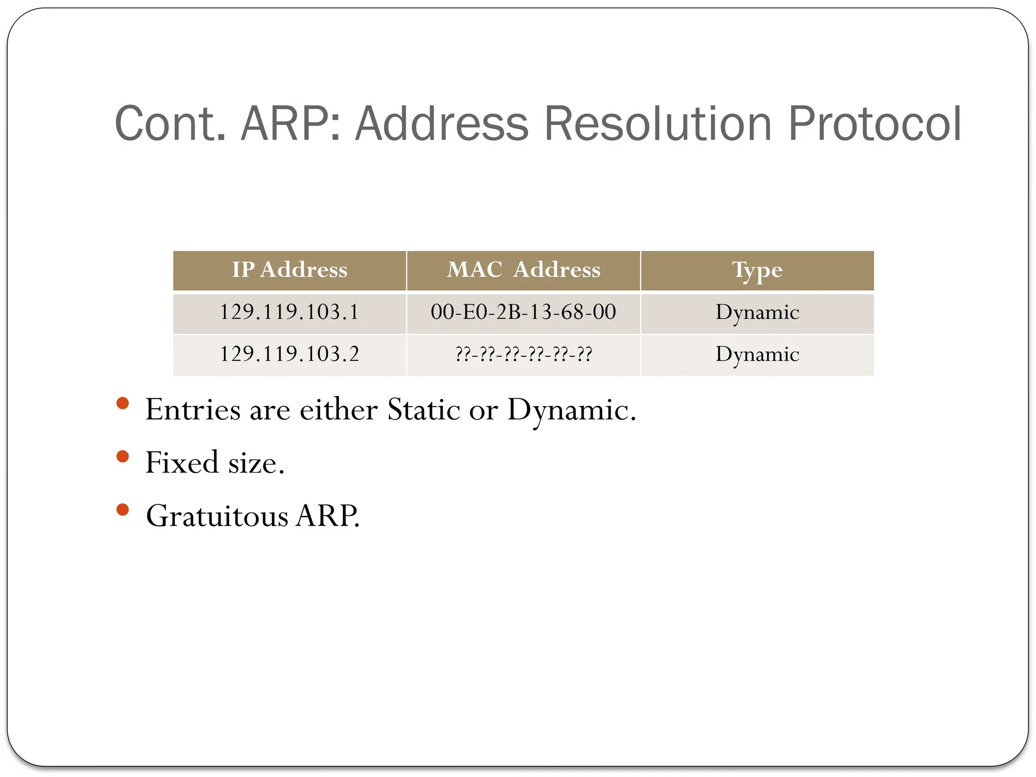 Cont. ARP: Address Resolution Protocol
ARP Cache
 Entries are either Static or Dynamic.
 Fixed size.
 Gratuitous ARP.
IP Address MAC Address Type
129.119.103.1 00-E0-2B-13-68-00 Dynamic
129.119.103.2 ??-??-??-??-??-?? Dynamic
 