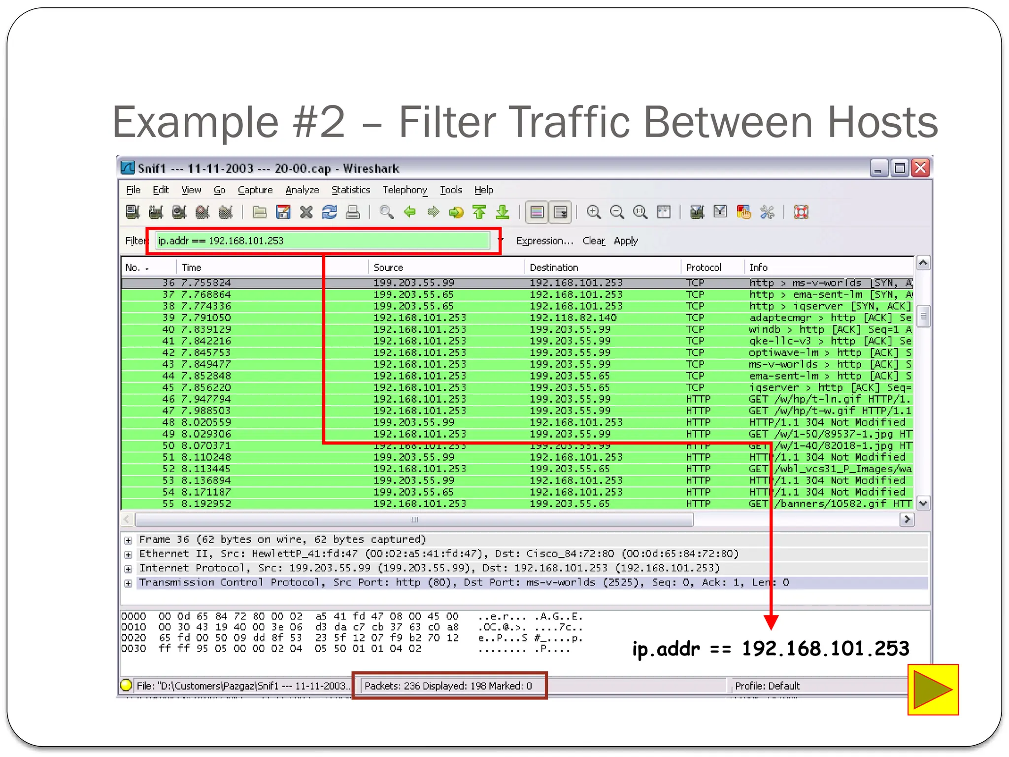 Example #2 – Filter Traffic Between Hosts
ip.addr == 192.168.101.253
 