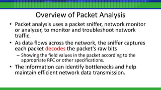 Overview of Packet Analysis
• Packet analysis uses a packet sniffer, network monitor
or analyzer, to monitor and troubleshoot network
traffic.
• As data flows across the network, the sniffer captures
each packet decodes the packet's raw bits
– Showing the field values in the packet according to the
appropriate RFC or other specifications.
• The information can identify bottlenecks and help
maintain efficient network data transmission.
 