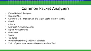 Common Packet Analyzers
• Capsa Network Analyzer
• Cain and Abel
• Carnivore (FBI - monitors all of a target user's Internet traffic)
• dSniff
• ettercap
• Microsoft Network Monitor
• ngrep, Network Grep
• OmniPeek
• Snoop
• Tcpdump
• Wireshark (formerly known as Ethereal)
• Xplico Open source Network Forensic Analysis Tool
 