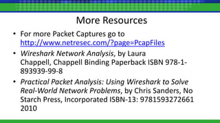 More Resources
• For more Packet Captures go to
http://www.netresec.com/?page=PcapFiles
• Wireshark Network Analysis, by Laura
Chappell, Chappell Binding Paperback ISBN 978-1-
893939-99-8
• Practical Packet Analysis: Using Wireshark to Solve
Real-World Network Problems, by Chris Sanders, No
Starch Press, Incorporated ISBN-13: 9781593272661
2010
 