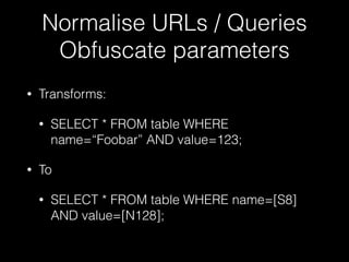 Normalise URLs / Queries
Obfuscate parameters
• Transforms:
• SELECT * FROM table WHERE
name=“Foobar” AND value=123;
• To
...