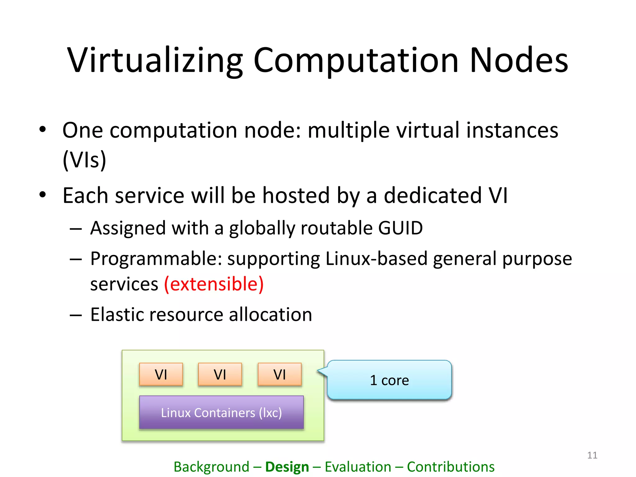 Virtualizing Computation Nodes
• One computation node: multiple virtual instances
(VIs)
• Each service will be hosted by a dedicated VI
– Assigned with a globally routable GUID
– Programmable: supporting Linux-based general purpose
services (extensible)
– Elastic resource allocation
11
VI VI VI
Linux Containers (lxc)
Background – Design – Evaluation – Contributions
3 cores1 core
 