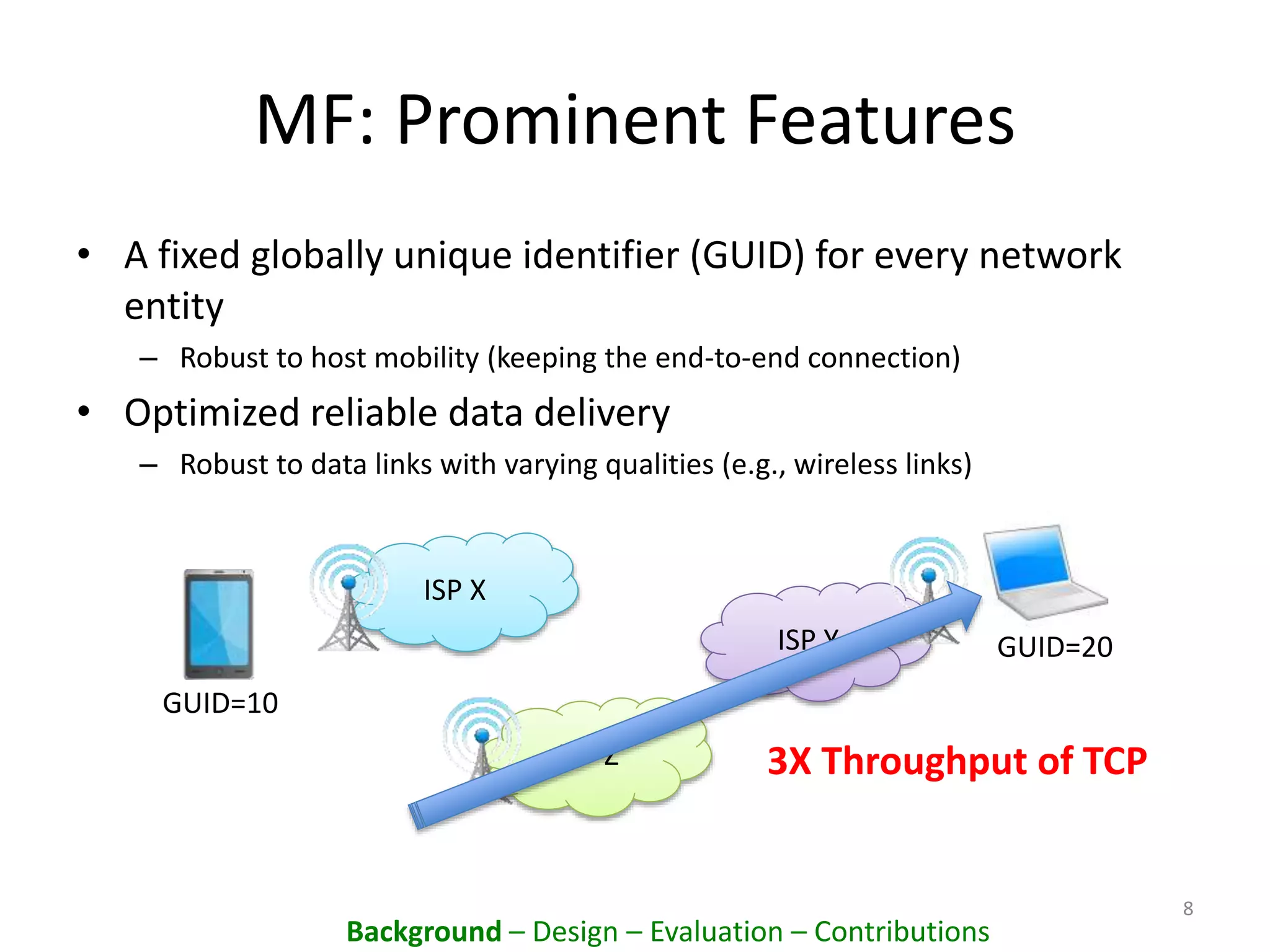 MF: Prominent Features
• A fixed globally unique identifier (GUID) for every network
entity
– Robust to host mobility (keeping the end-to-end connection)
• Optimized reliable data delivery
– Robust to data links with varying qualities (e.g., wireless links)
8
ISP X
ISP Y
ISP Z
GUID=10
3X Throughput of TCP
GUID=20
Background – Design – Evaluation – Contributions
 