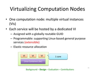 Virtualizing Computation Nodes
• One computation node: multiple virtual instances
(VIs)
• Each service will be hosted by a dedicated VI
– Assigned with a globally routable GUID
– Programmable: supporting Linux-based general purpose
services (extensible)
– Elastic resource allocation
11
VI VI VI
Linux Containers (lxc)
Background – Design – Evaluation – Contributions
3 cores1 core
 