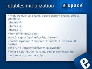 iptables initialization

• First, we flush all chains, delete custom chains, zero all
counters:
iptables -F
iptables -X
ip...